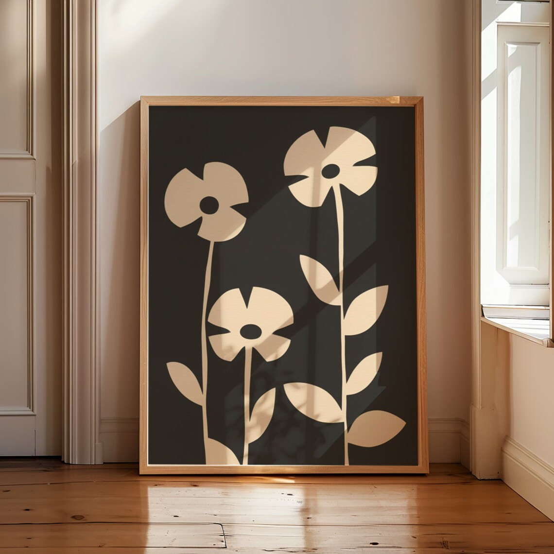 Beige Flowers Black Background Mid Century Modern Floral Poster