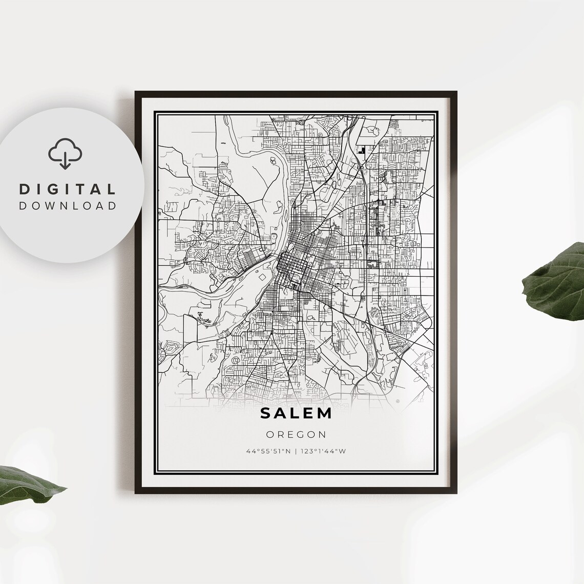 Salem Oregon Black and White Minimalist City Street Map Poster