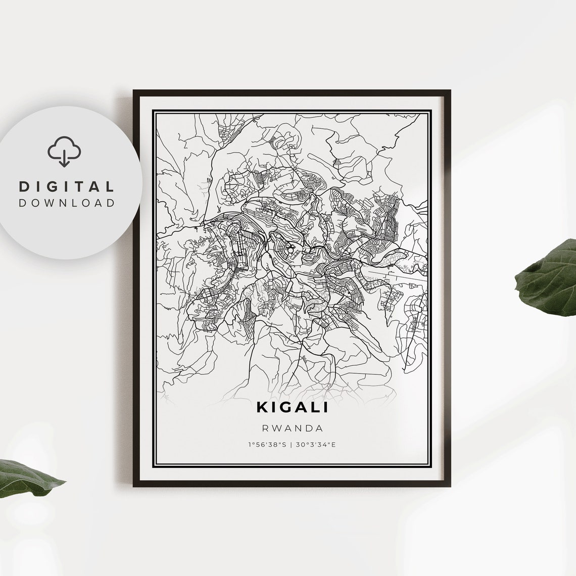 Kigali Rwanda Minimalist Black And White Street Map City Poster