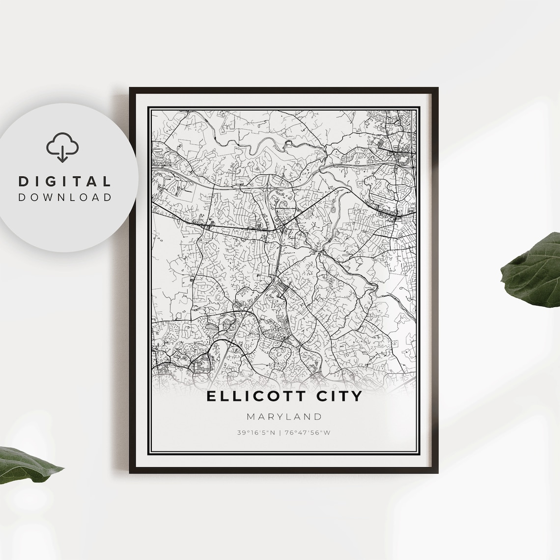 Ellicott City Maryland Minimalist Street Map Black White Poster