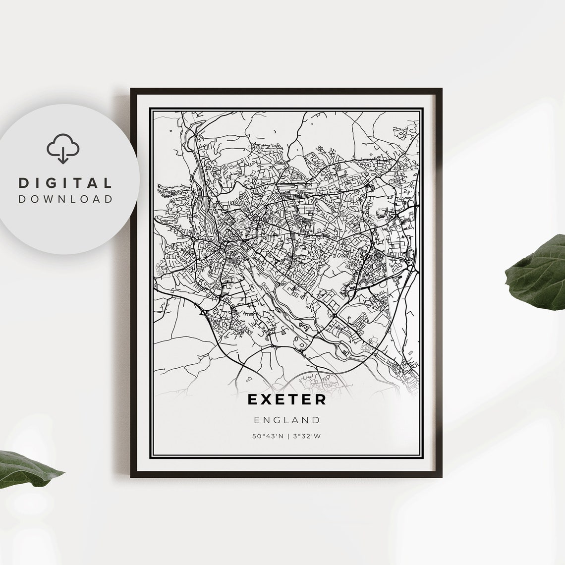 Exeter England Minimalist Black and White City Street Map Poster