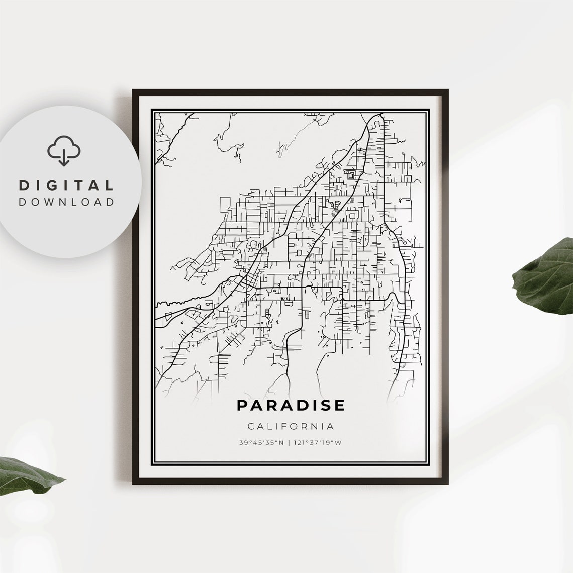 Paradise California City Street Road Map Minimalist Black Line Poster