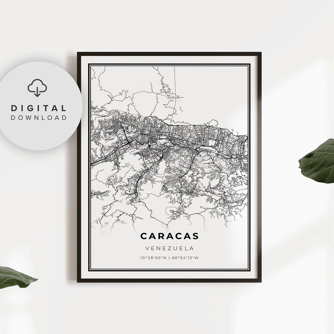 Caracas Venezuela Minimalist Black and White City Street Map Poster