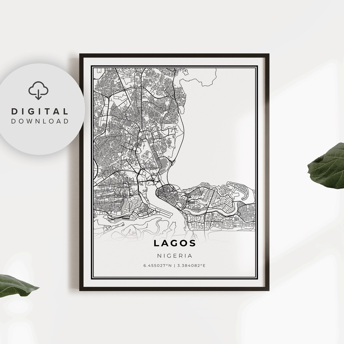 Lagos Nigeria Black and White City Street Map Minimalist Poster