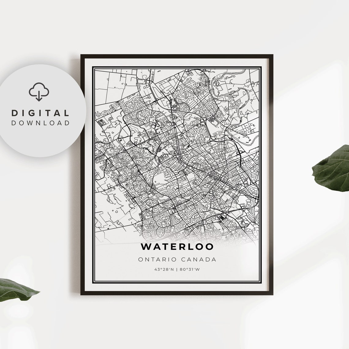 Waterloo Ontario Map Print On Canada Art Poster Kitchener City Street Road Np784