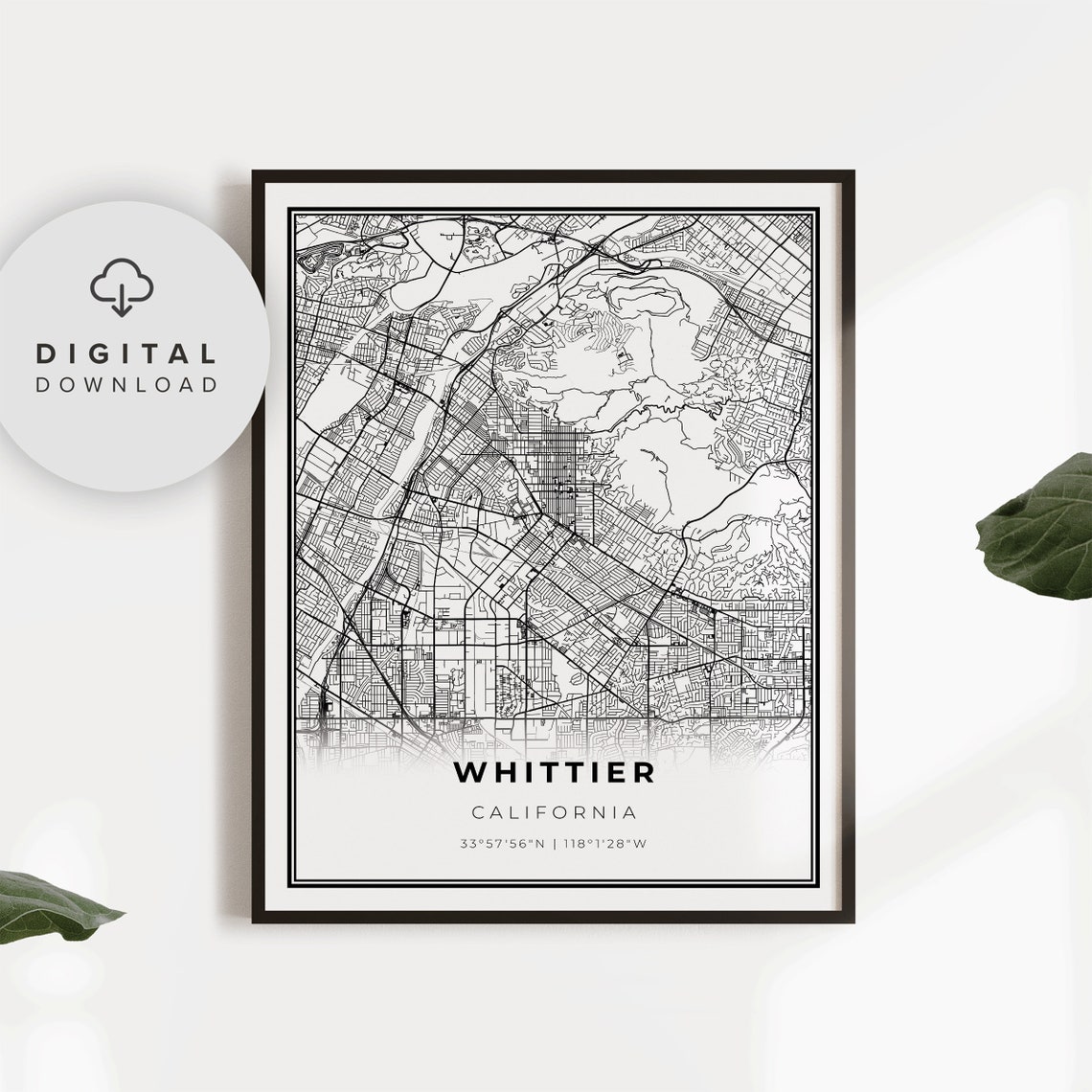 Whittier California Minimalist City Street Map Poster Art Decor