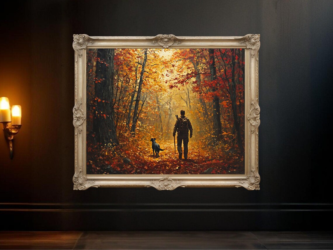 Autumn Forest Man And Dog, Rustic Landscape Print