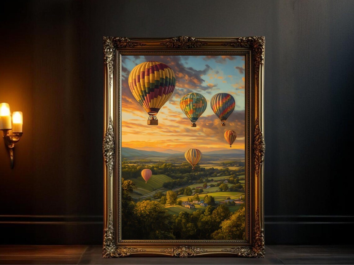 Hot Air Balloon Landscape, Scenic Countryside Sunset
