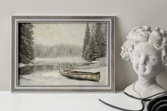 Vintage Winter Canoe, Snowy Lake Forest Decor