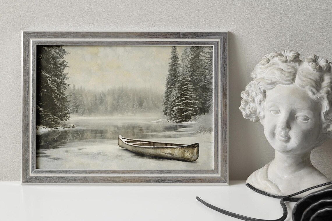 Vintage Winter Canoe, Snowy Lake Forest Decor
