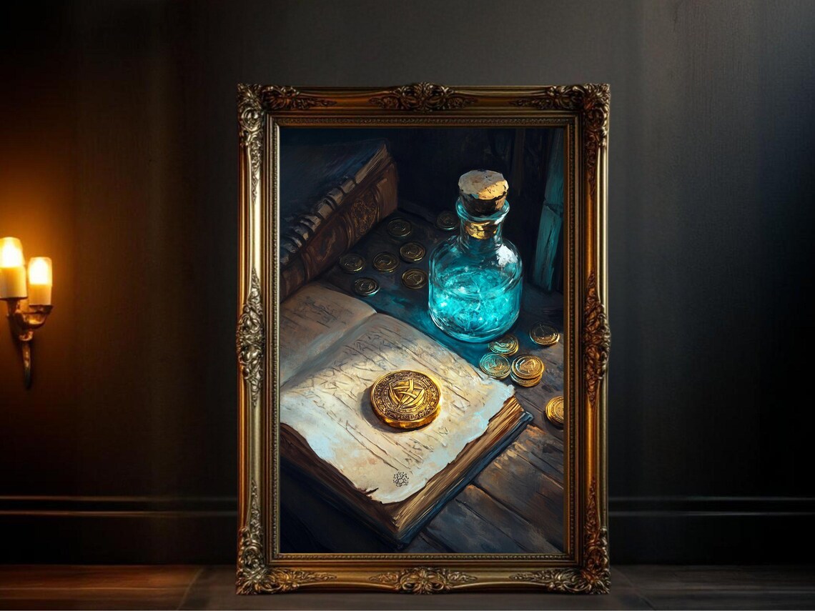 Vintage Book Gold Coins, Magic Potion Bottle Print