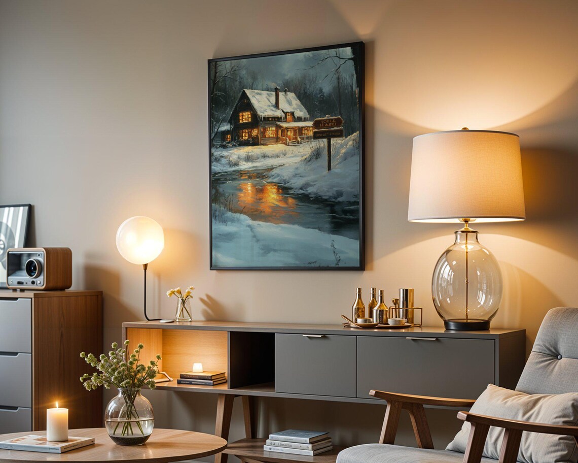 Cozy Winter Cabin, Rustic Winter Wonderland Art Print - Image 3