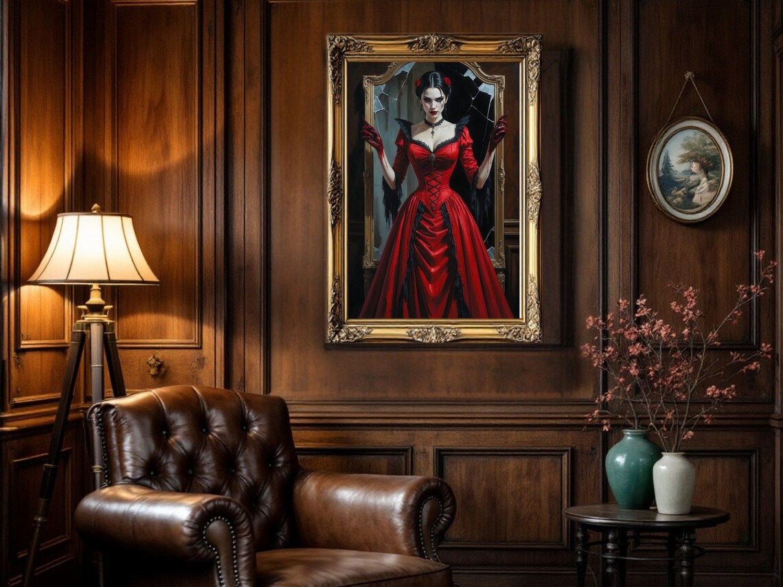 Gothic Vampire Lady In Red Dress, Vintage Horror - Image 3