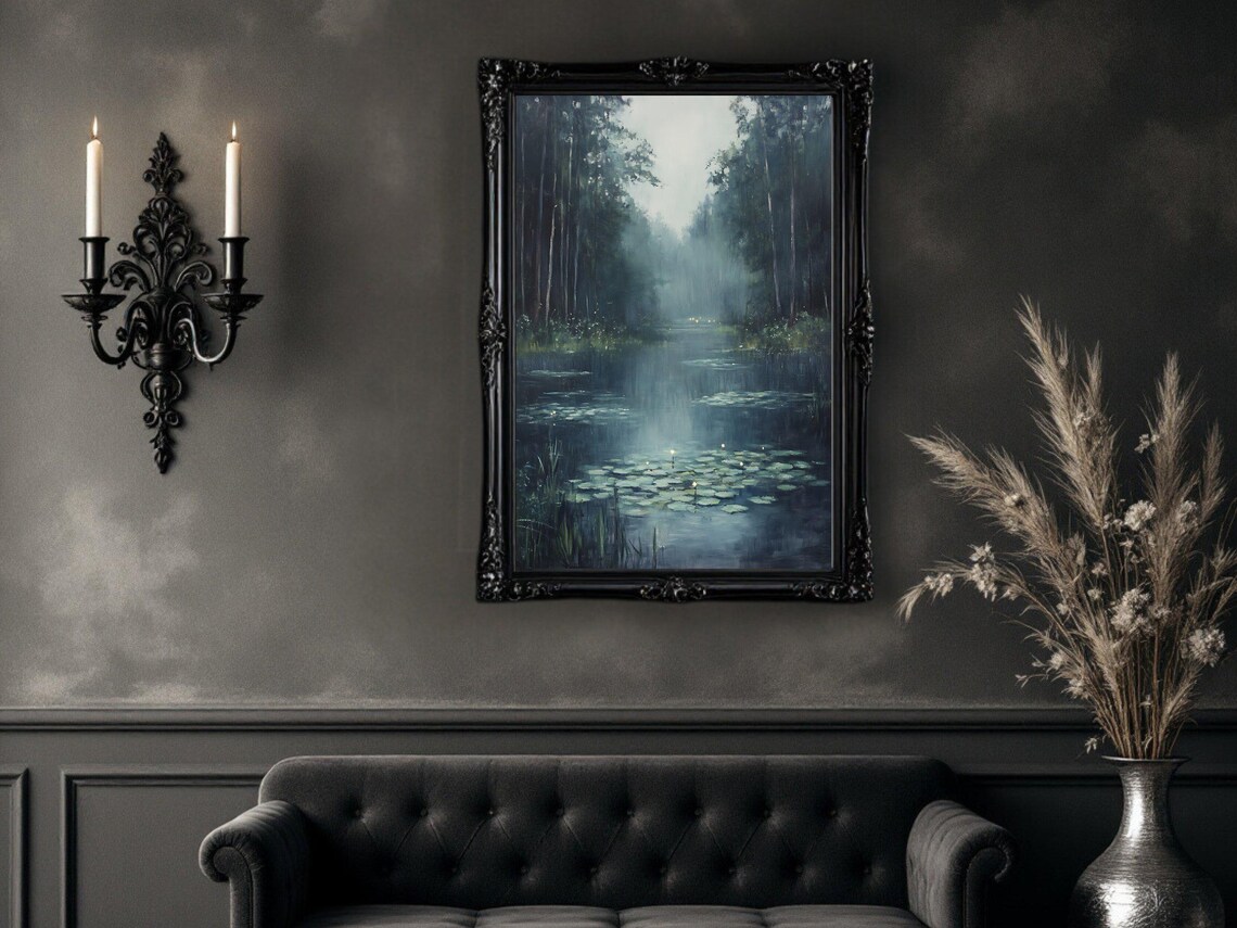 Serene Forest River, Misty Nature Landscape Art Print - Image 2