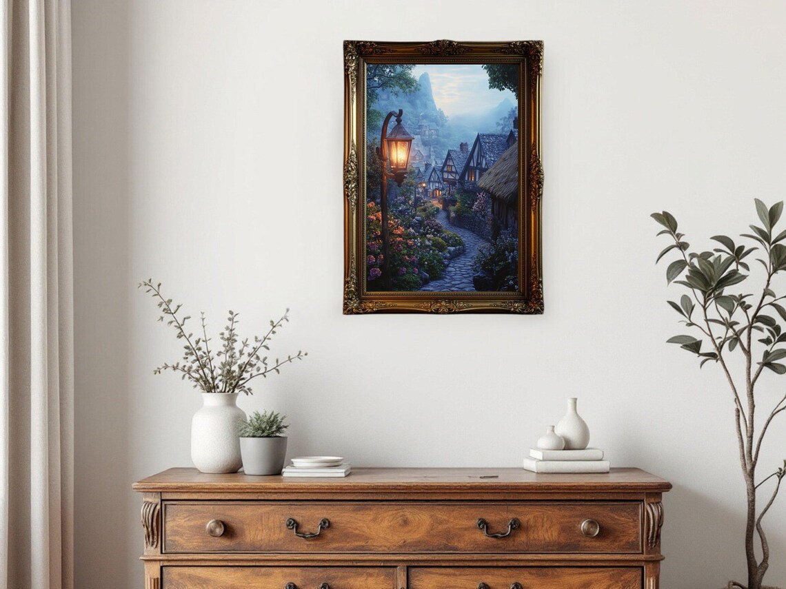 Quaint Village Street Scene, Cozy Cottage Pathway Poster - Image 3