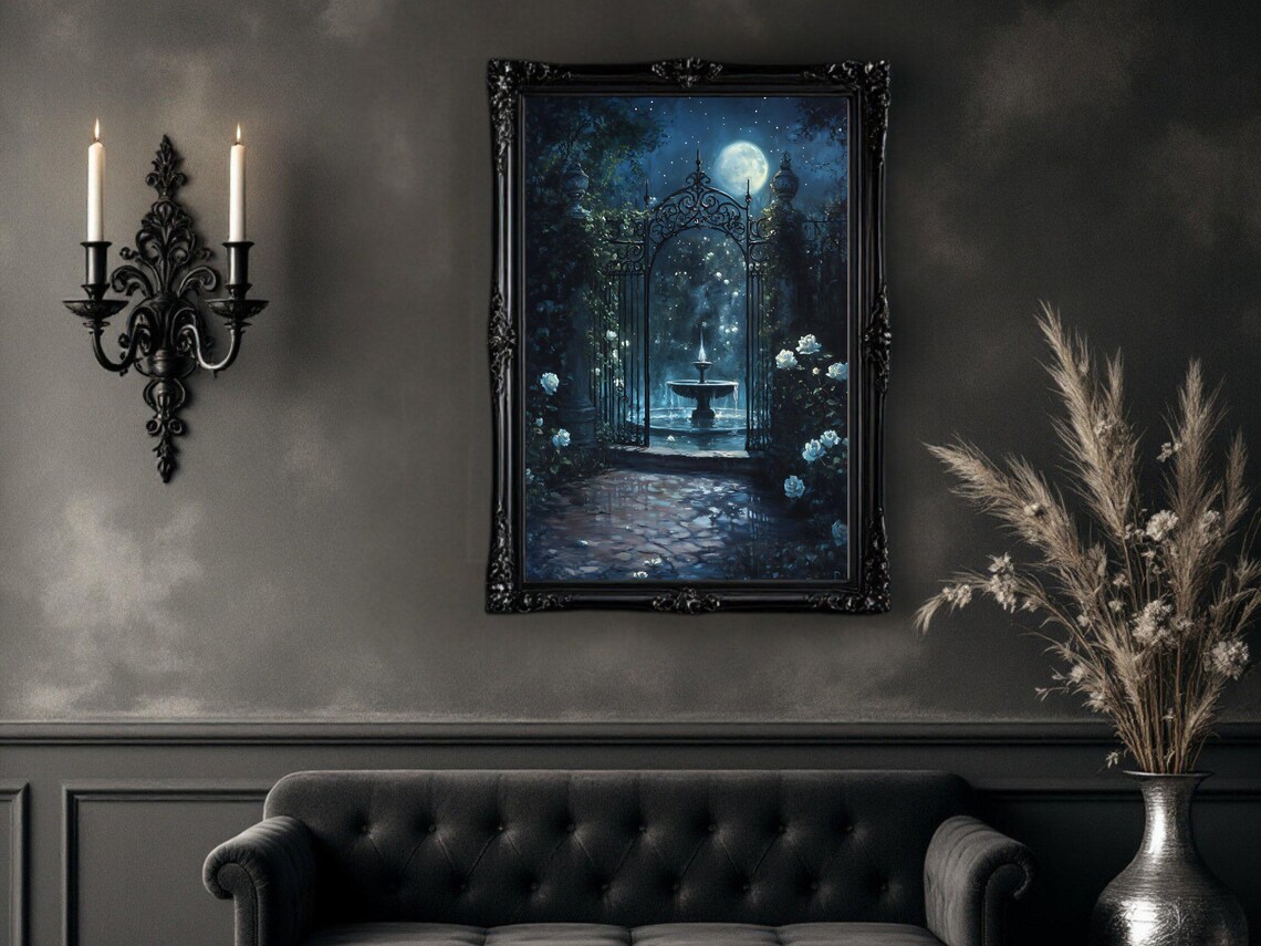 Enchanting Moonlit Garden, Nighttime Fountain Painting - Image 2