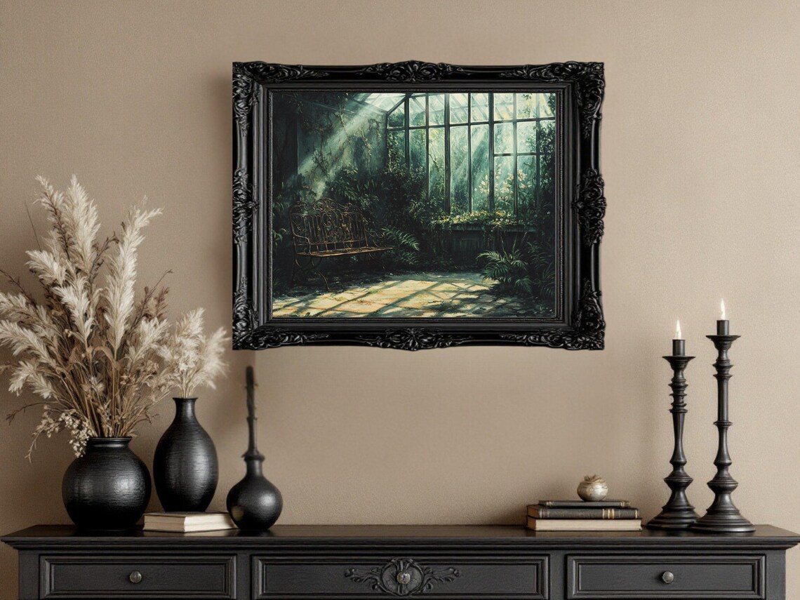 Tranquil Sunlit Greenhouse, Nature Inspired Botanical Artwork - Image 3