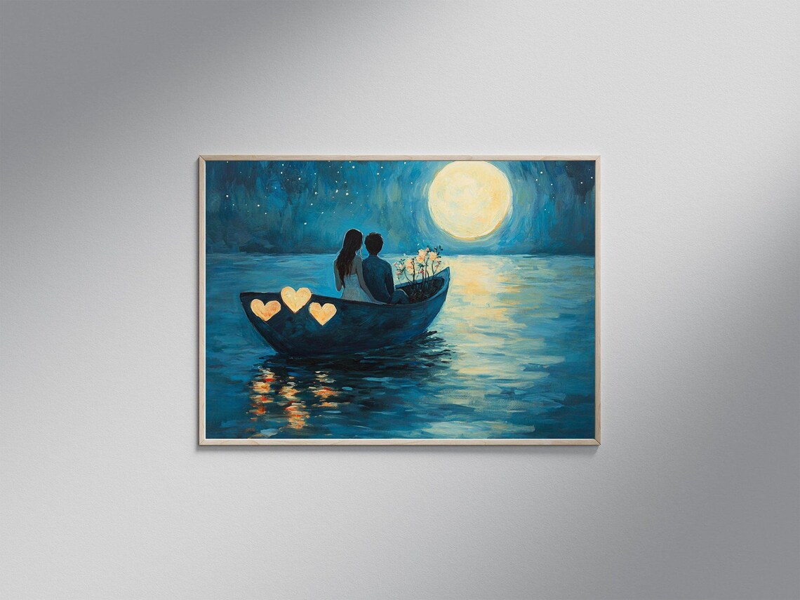 Romantic Couple In Boat Moonlight Night, Ocean Lovers
