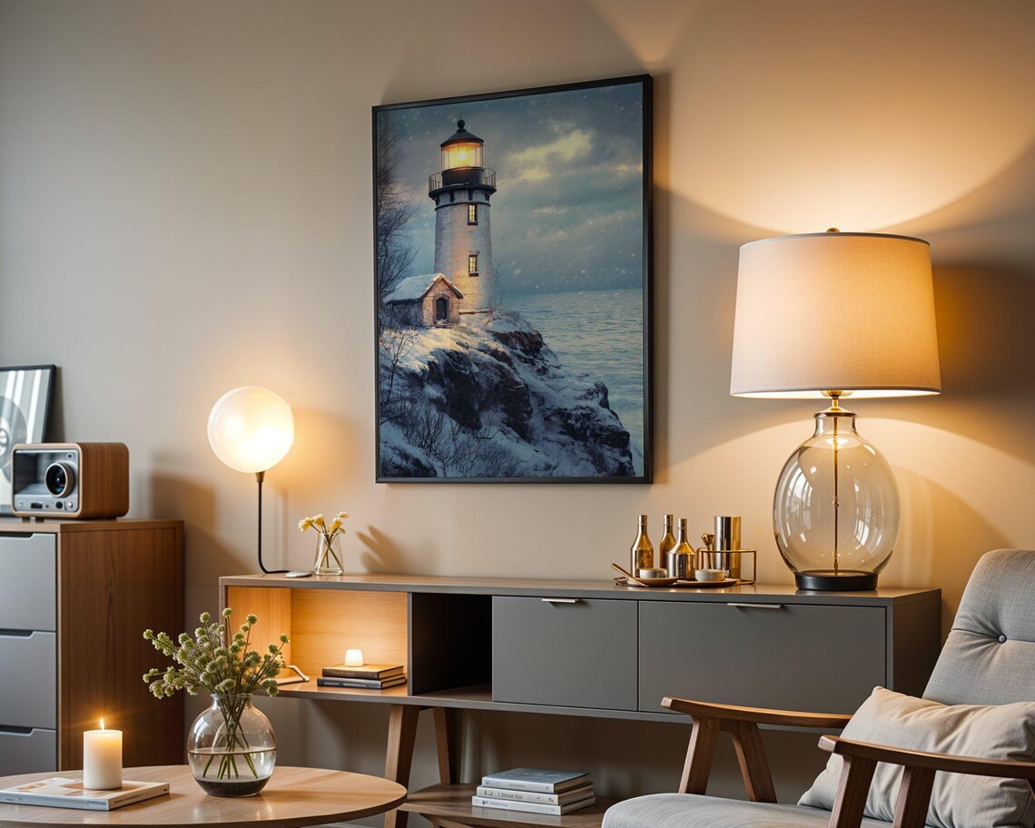 Coastal Lighthouse Winter Scene, Snowy Landscape - Image 3
