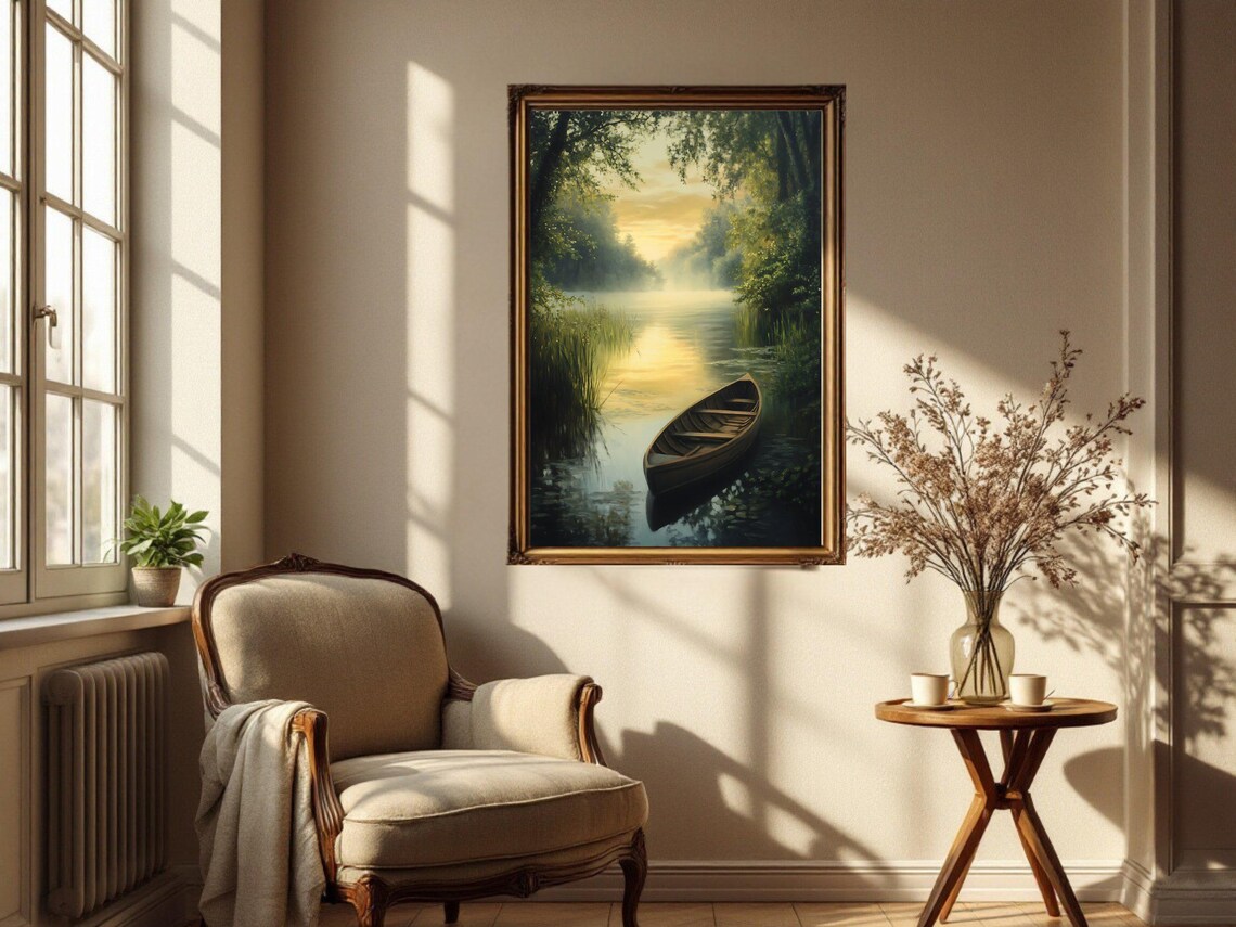 Serene River Sunset, Tranquil Boat Landscape - Image 3