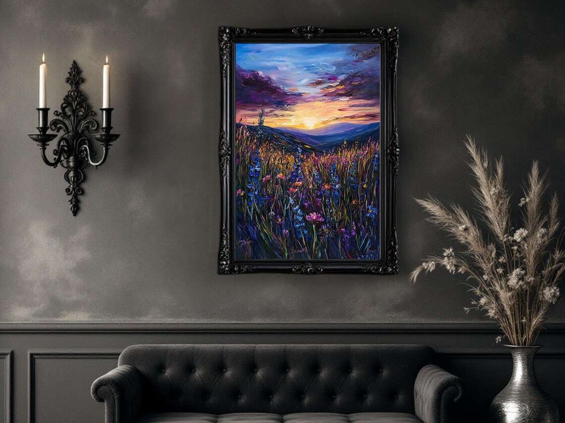 Sunset Landscape, Wildflowers Mountain View Art Print - Image 2