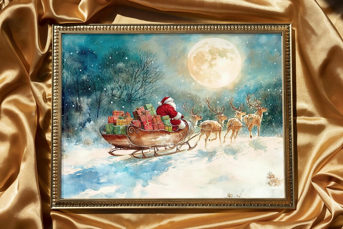 Rustic Santa And Reindeer, Moonlit Winter Scene - Image 2