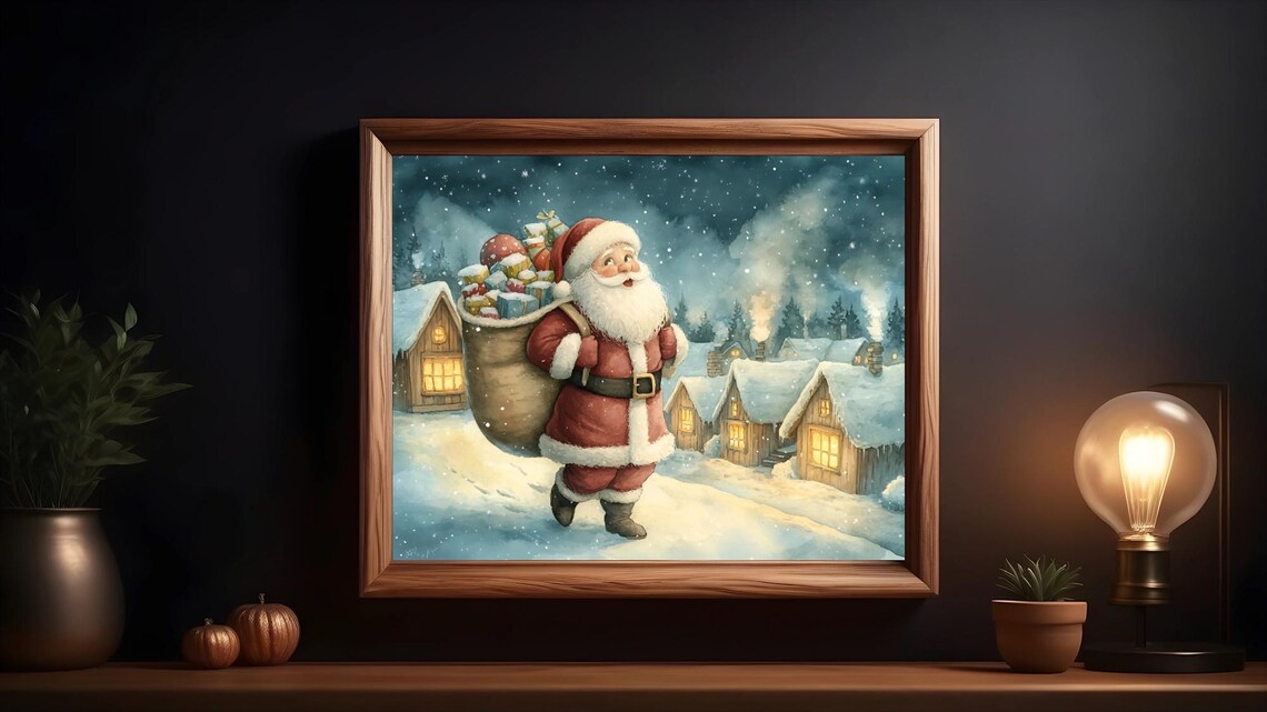 Santa With Gift Sack, Cozy Christmas Village Scene - Image 2