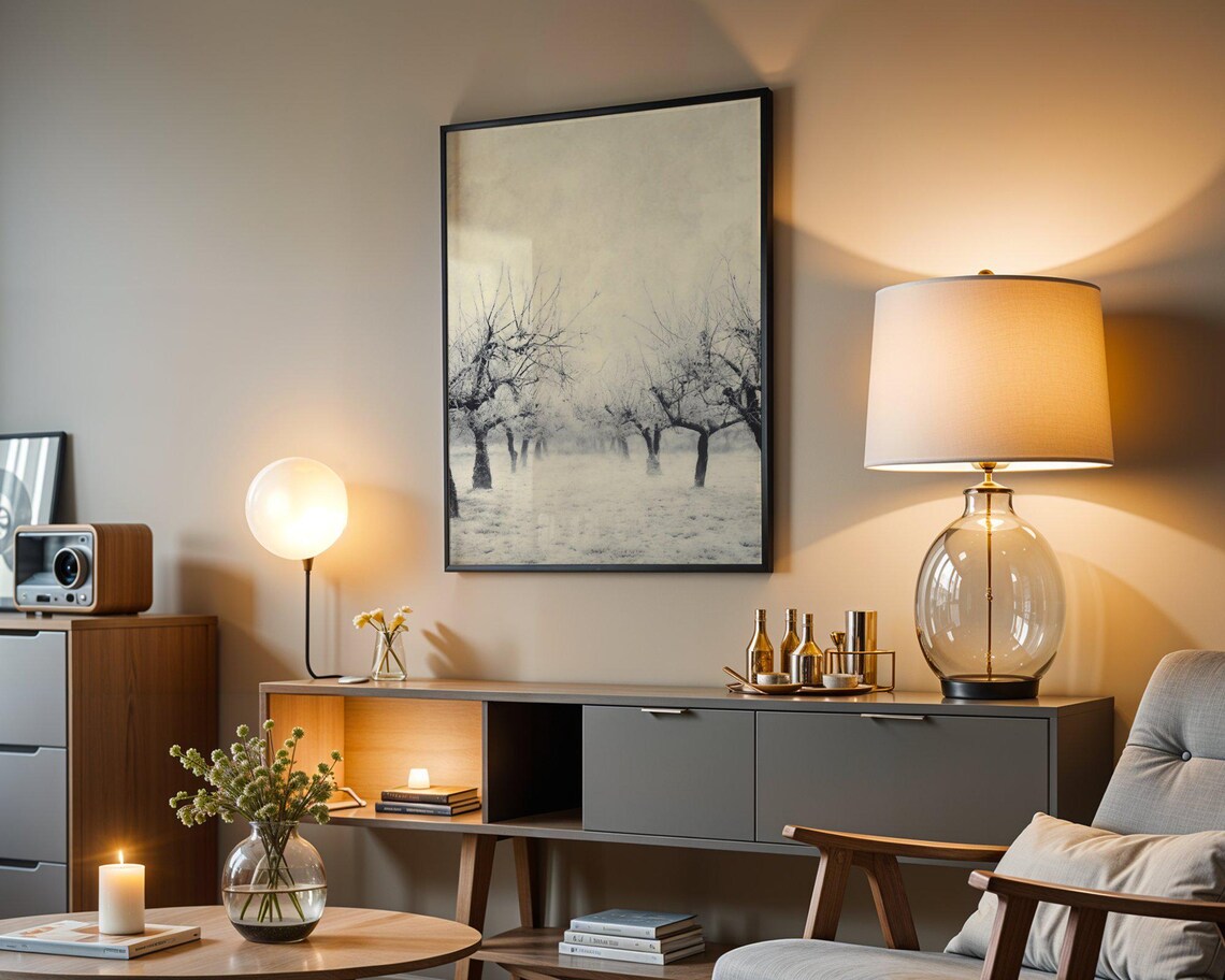 Winter Snowy Orchard, Minimalist Tree Landscape - Image 3