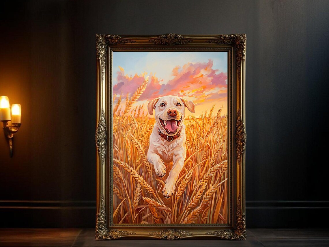 Golden Retriever in Wheat Field Sunrise, Art Print