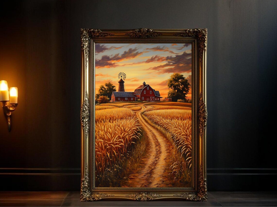 Rustic Farmhouse Sunset, Country Barn Landscape Print