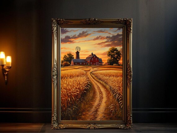 Rustic Farmhouse Sunset, Country Barn Landscape Print