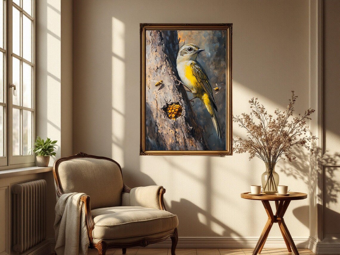 Yellow Bird and Beehive Rustic Wildlife Art Print - Image 2
