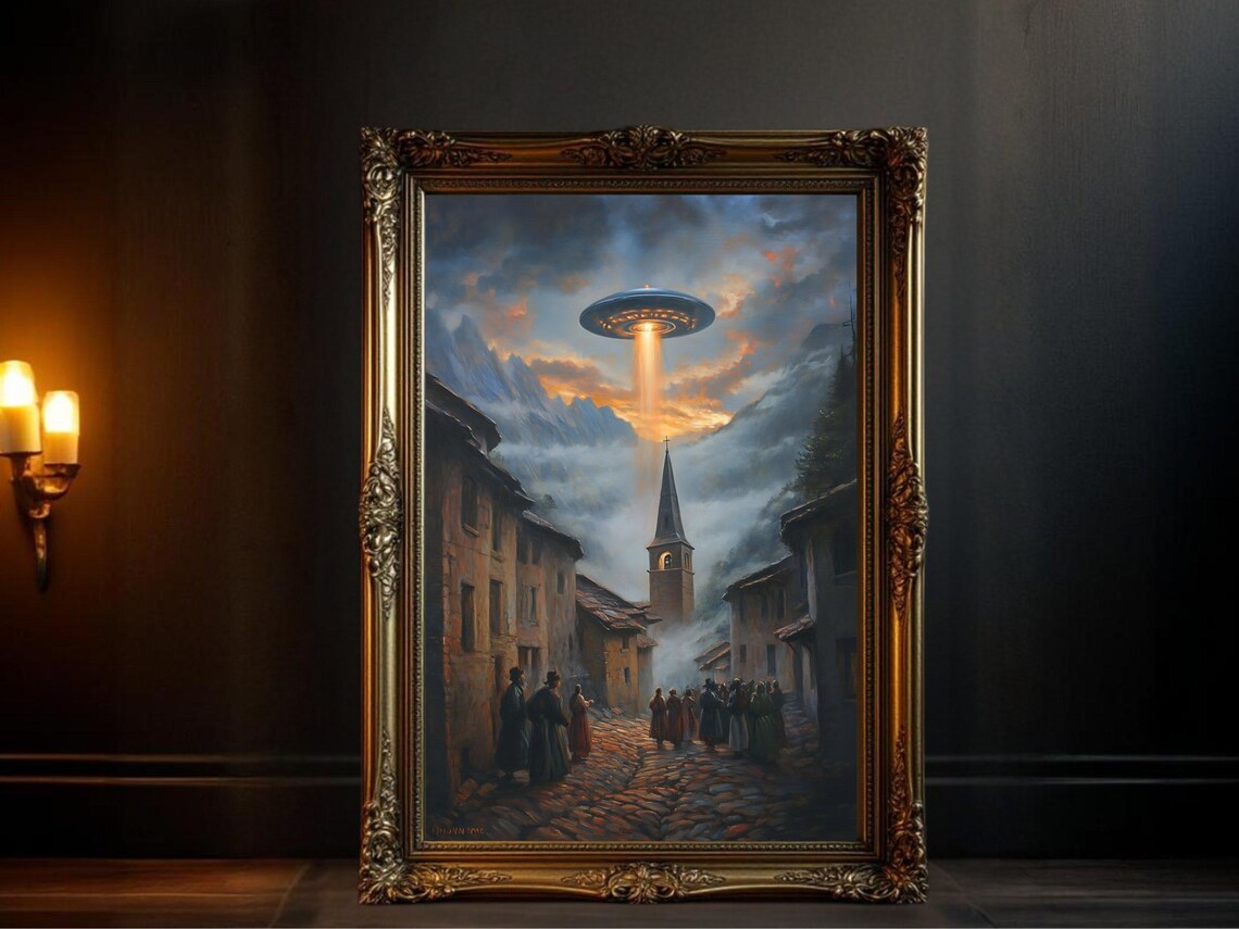 UFO Over The Village, Vintage Science Fiction Landscape