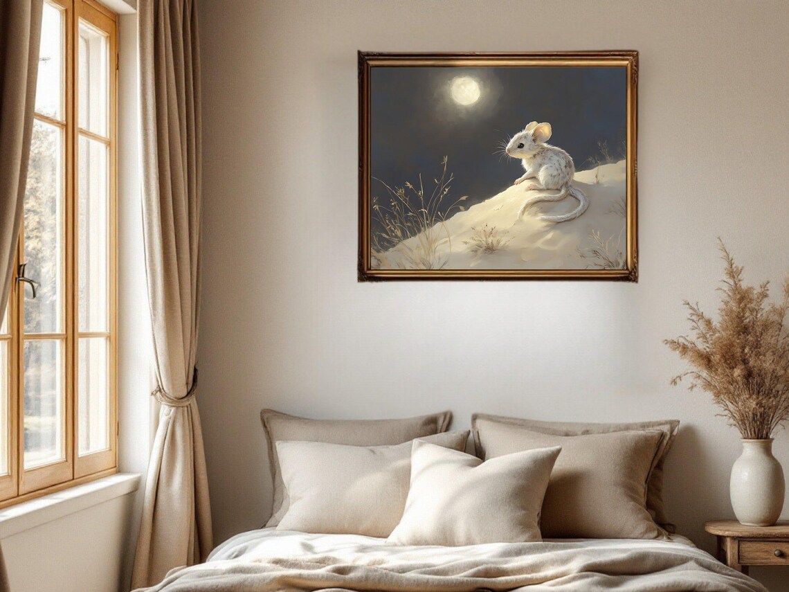 Cute Mouse Moonlit Night, Whimsical Animal Art Print - Image 3