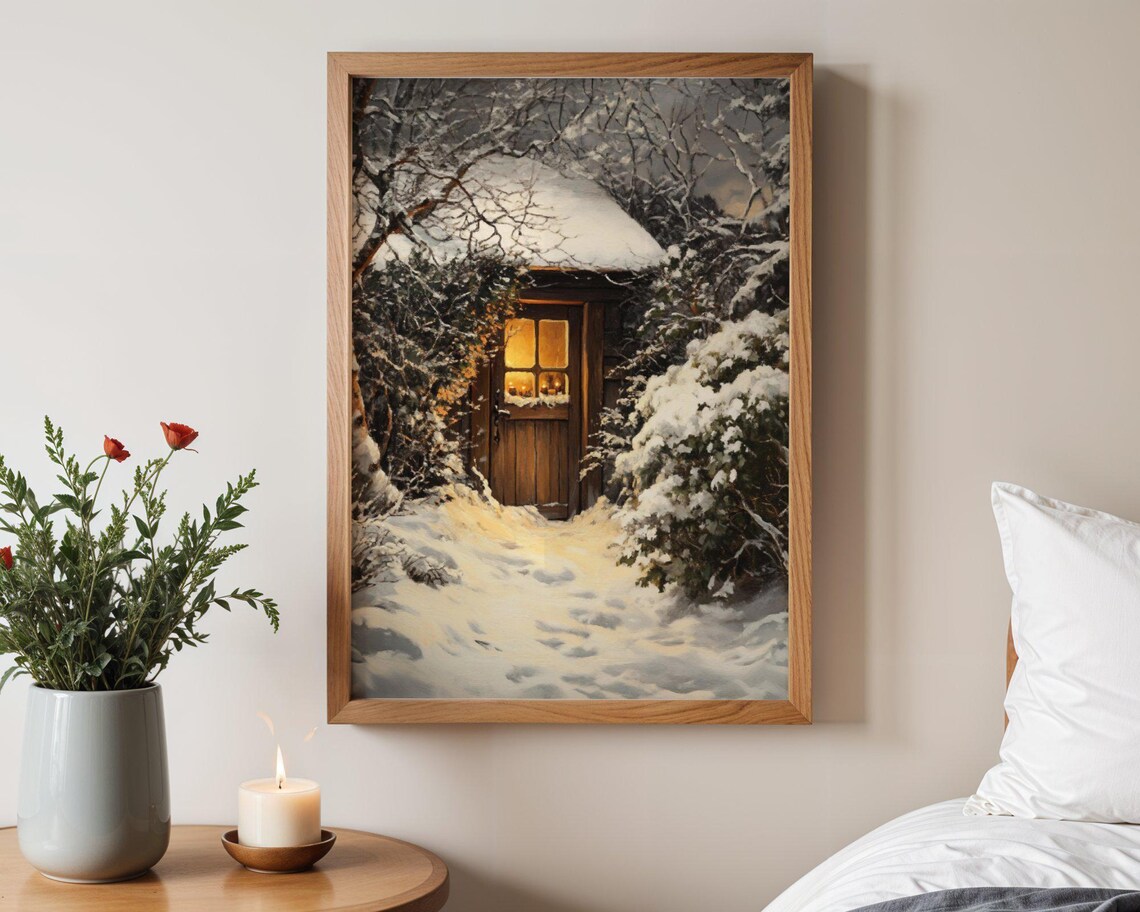 Rustic Winter Cabin, Cozy Snowy Night Art Print