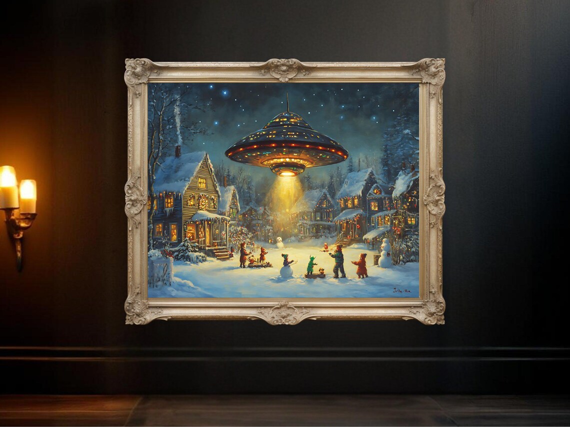 Christmas UFO Winter Village Scene, Holiday Decor