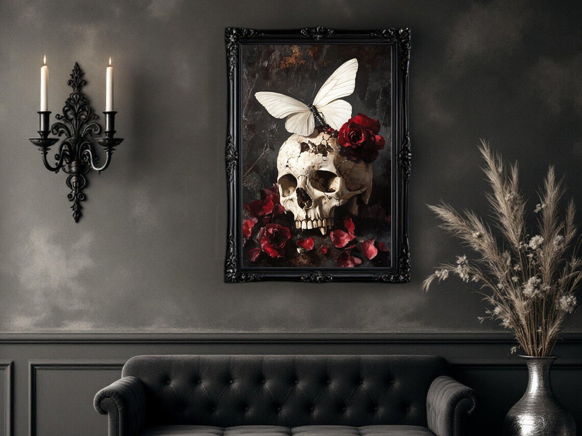 Gothic Skull With Butterfly And Roses Art Print - Image 2