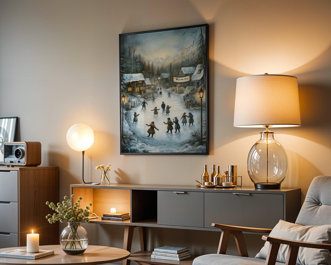 Vintage Winter Wonderland Snowy Village Scene Art Print - Image 3