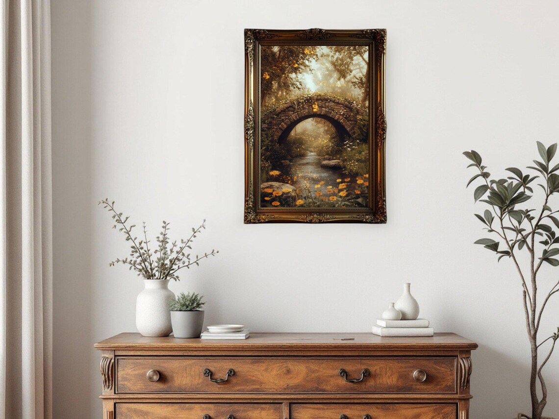 Enchanted Forest Bridge Art Print, Whimsical Nature - Image 3