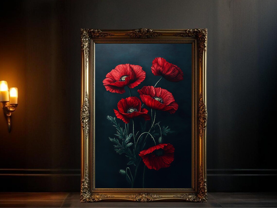 Poppy Flower Vintage Oil Painting Botanical Art