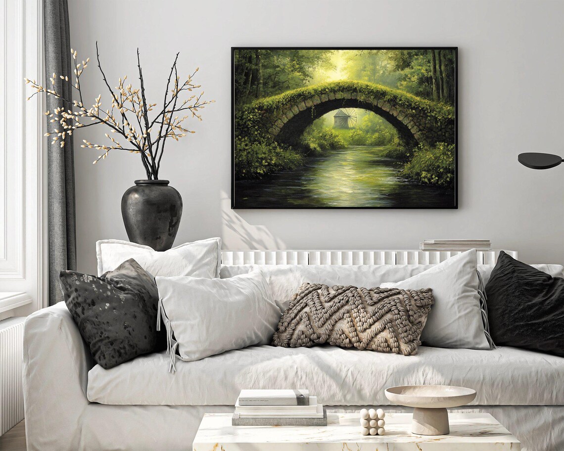 Bridge Over River, Serene Forest Landscape Art - Image 3