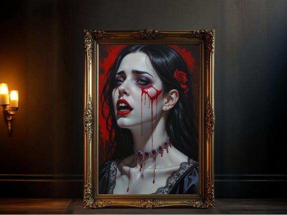 Gothic Vampire Dark Horror Art Print, Red Rose