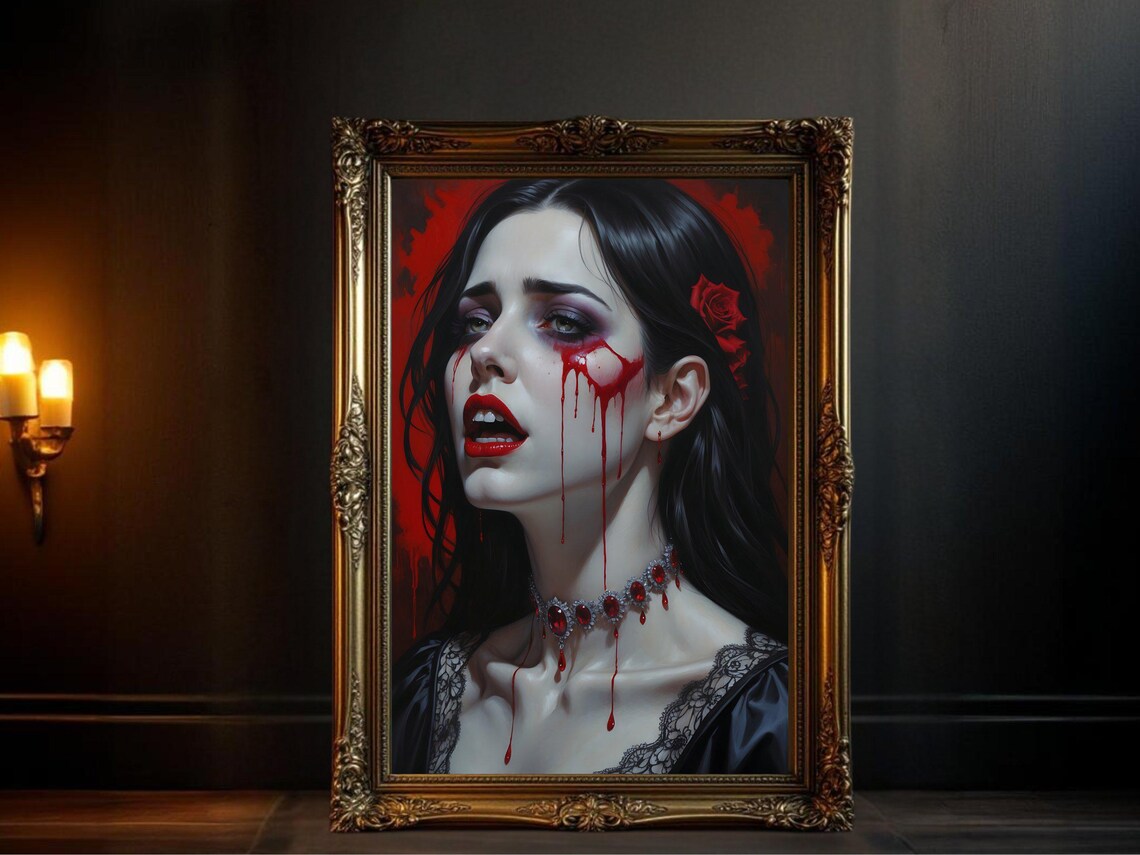 Gothic Vampire Dark Horror Art Print, Red Rose