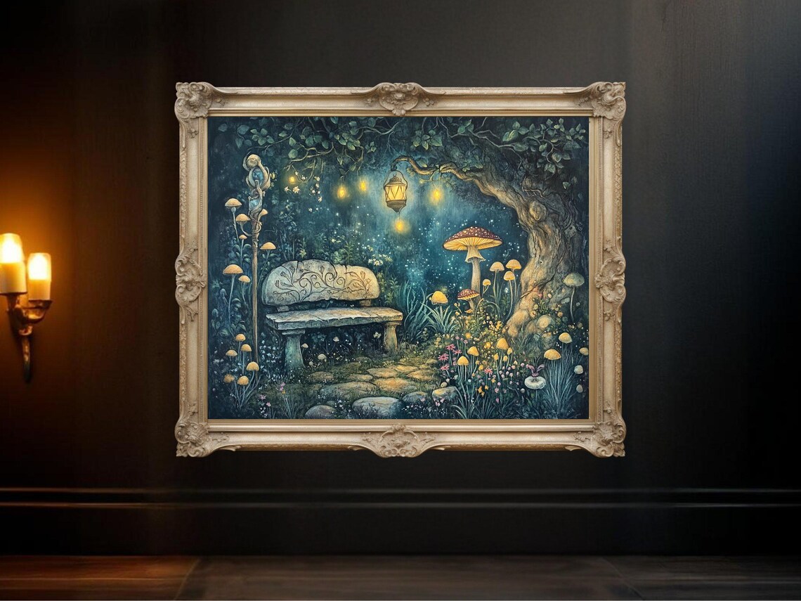 Enchanted Forest Magic Bench, Mystical Garden Scene