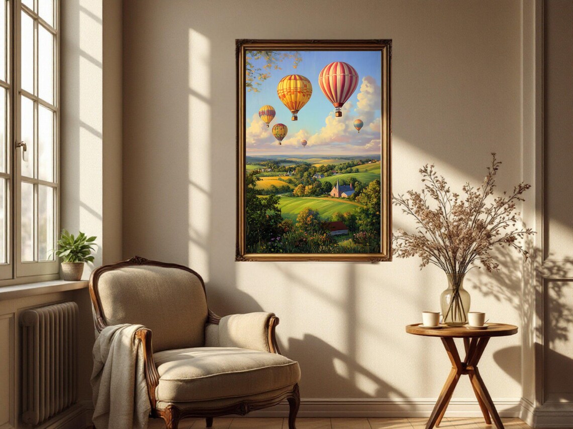 Hot Air Balloons Over Countryside, Scenic Landscape Art Print - Image 3