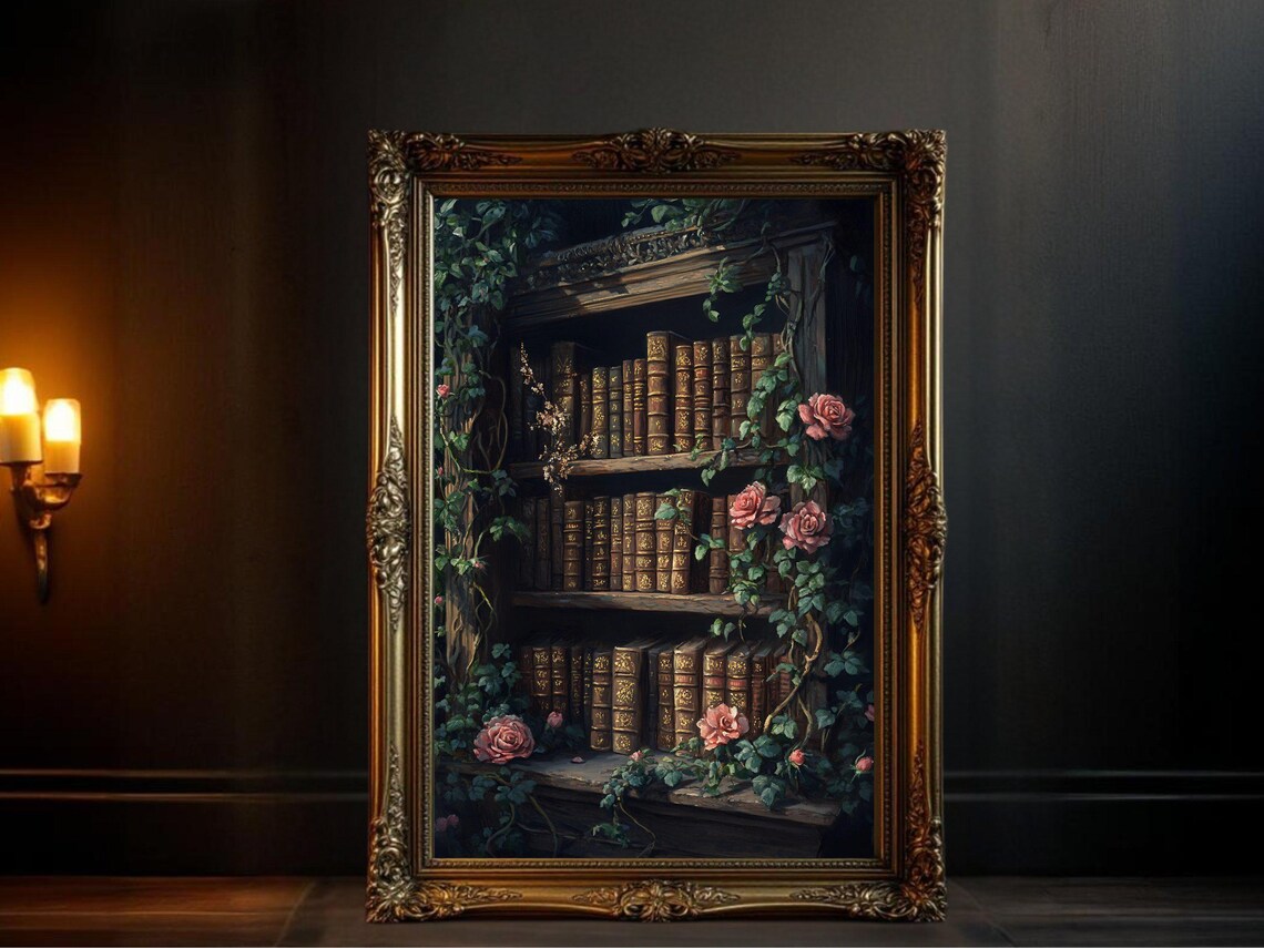Vintage Bookshelf Art Print, Dark Academia Library Decor