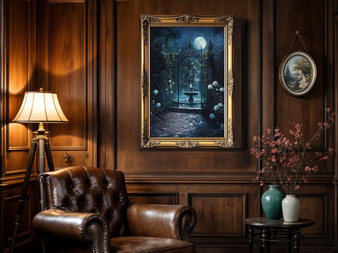 Enchanting Moonlit Garden, Nighttime Fountain Painting - Image 3