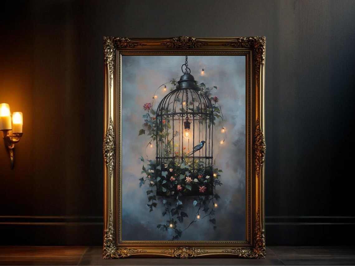 Hanging Birdcage With Light And Flowers, Vintage Art Print