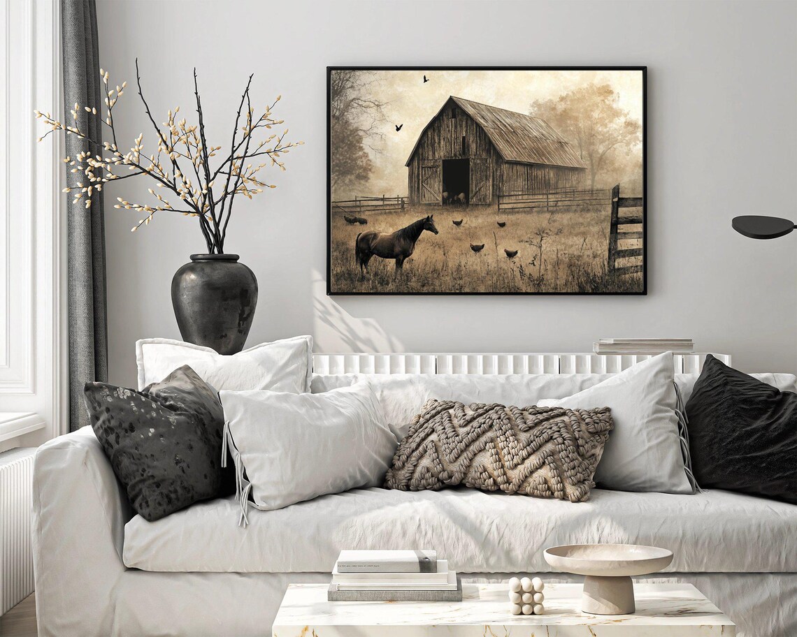 Rustic Barnyard Landscape, Vintage Farmhouse Decor - Image 3