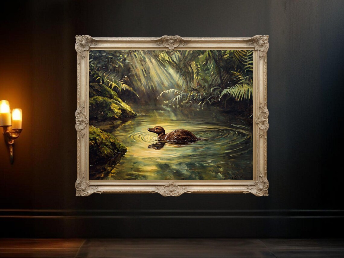 Duck In Forest Pond, Watercolor Nature Scene Art Print